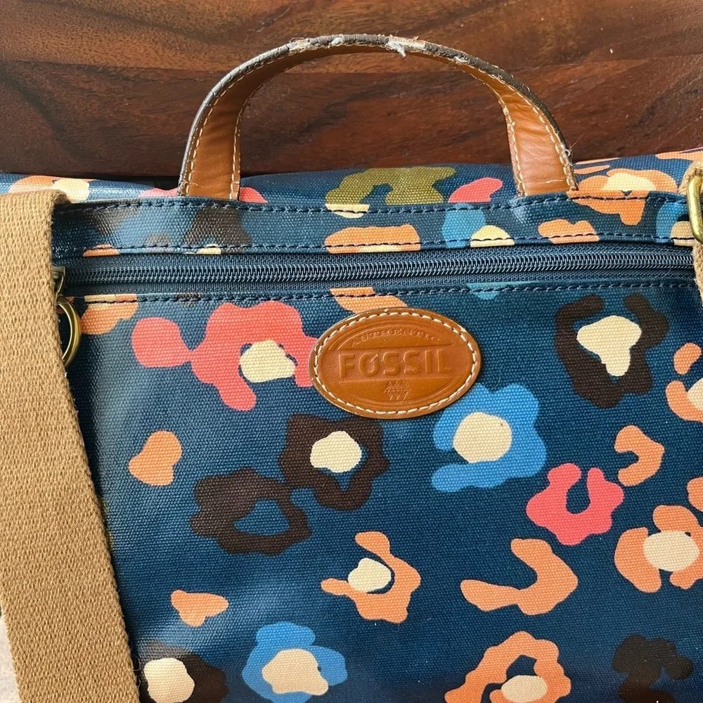Fossil Navy Blue Floral Print Coated Canvas Crossbody Laptop Tote Bag